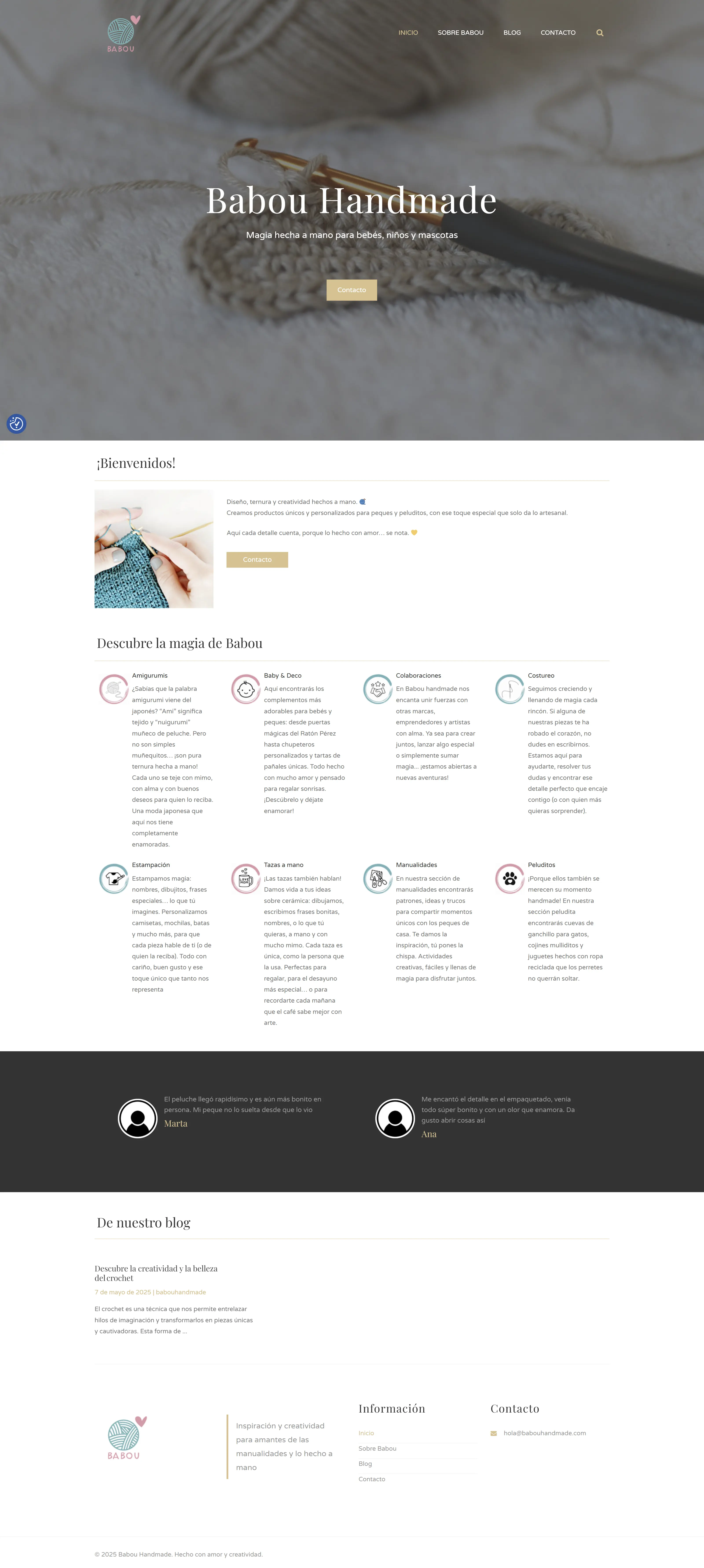 Captura desktop del web Babou Handmade — disseny càlid amb productes artesans i fons crema